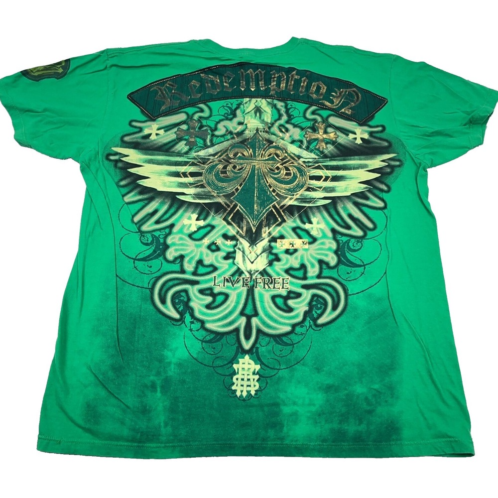 Raw State Shirt Men XXL 2XL Green Tee Cross Wings MMA Fighter Mall Punk Y2K